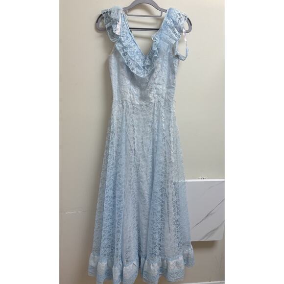 Vintage 1970s ILGWU Union Made Blue Lace Ruffle Sleeveless Maxi Dress USA - Picture 1 of 9
